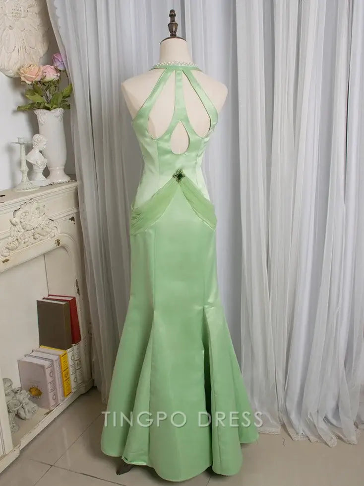 TingPo Wholesale Elegant Light Green Cutout Back V-neck Vintage Mermaid Skirt Gown with Rhinestones